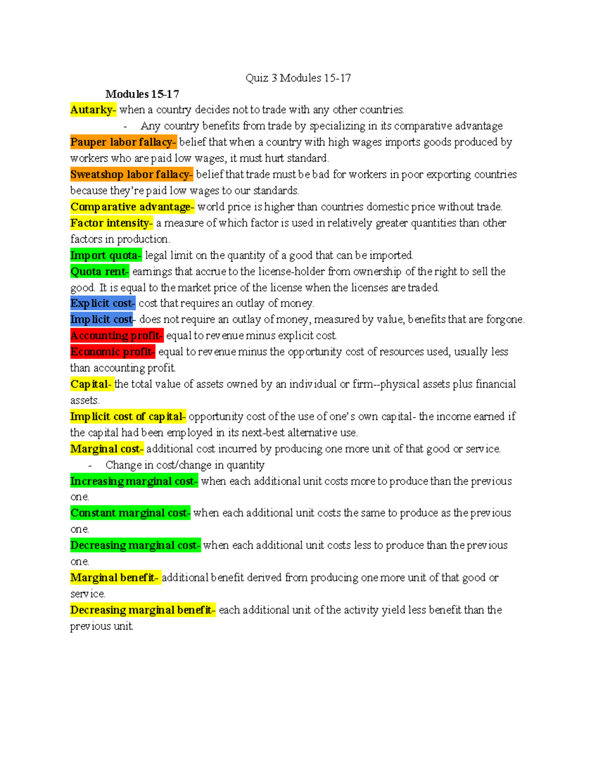 Quiz 3 Study Guide - Lecture Notes on Comparative Advantage and ...