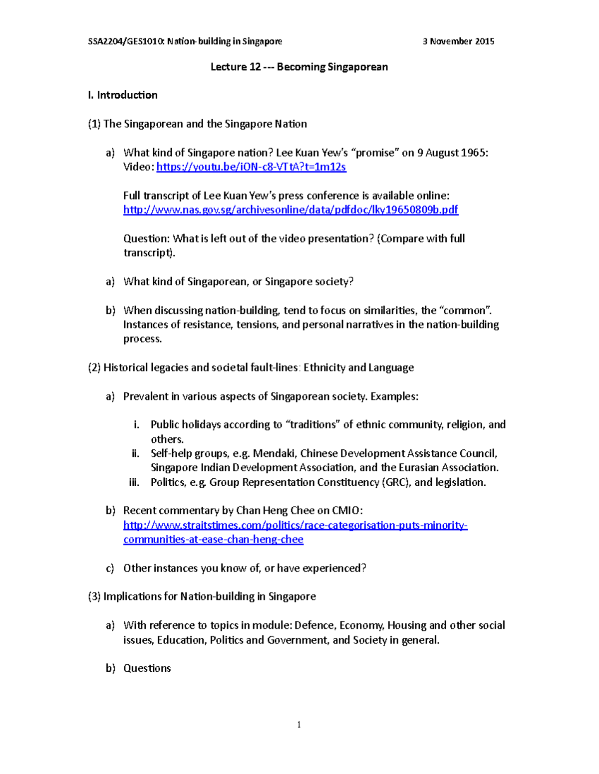 SSA2204 Lecture 12 Notes - Lecture 12 - Becoming Singaporean I ...