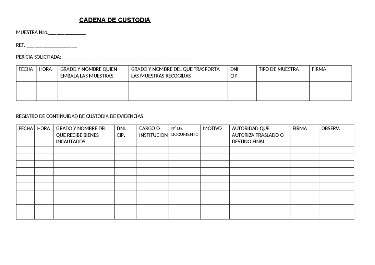 Cadena de Custodia de Muestras y Evidencias - Formulario Nro. - Studocu