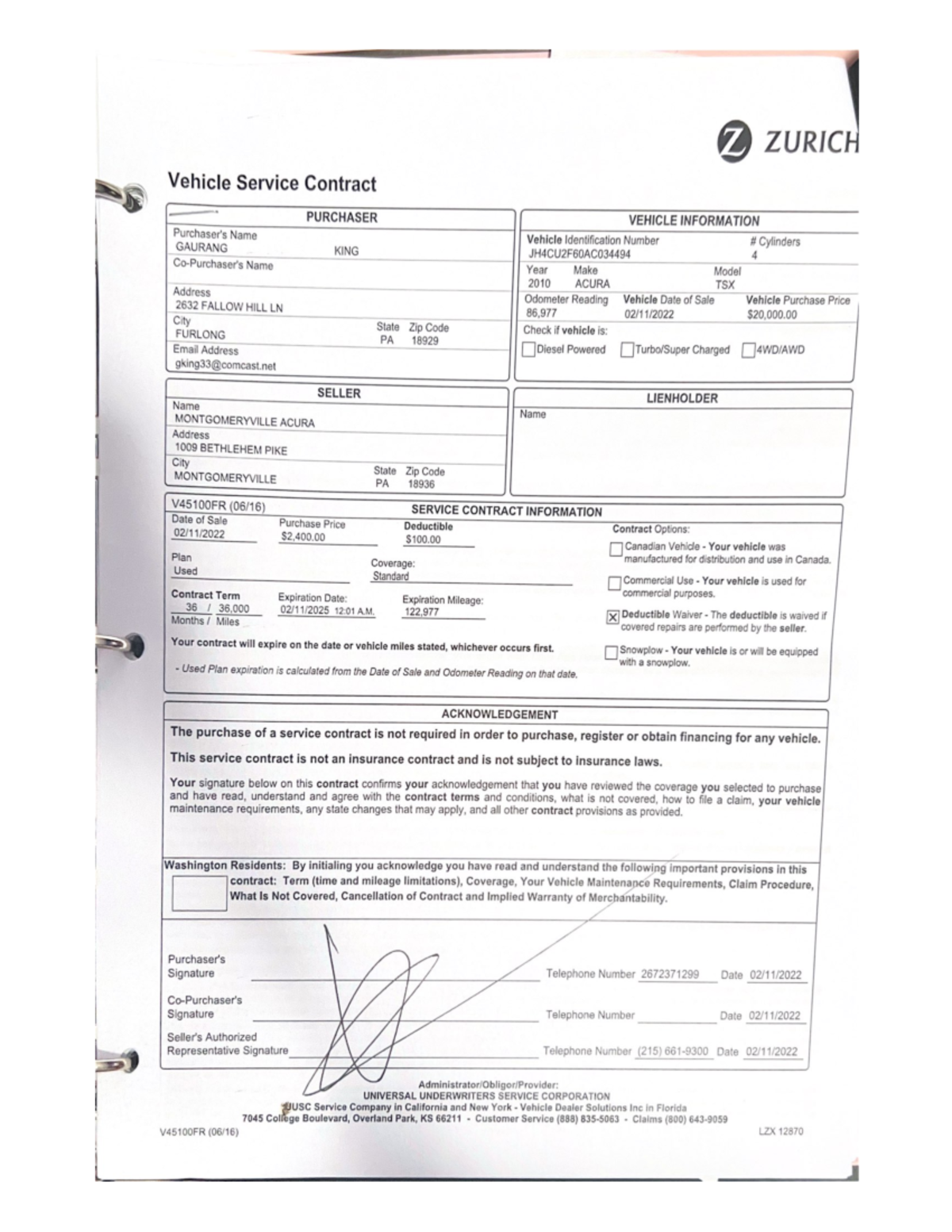 Zurich - book reports - ZURICH Vehicle Service Contract PURCHASER ...