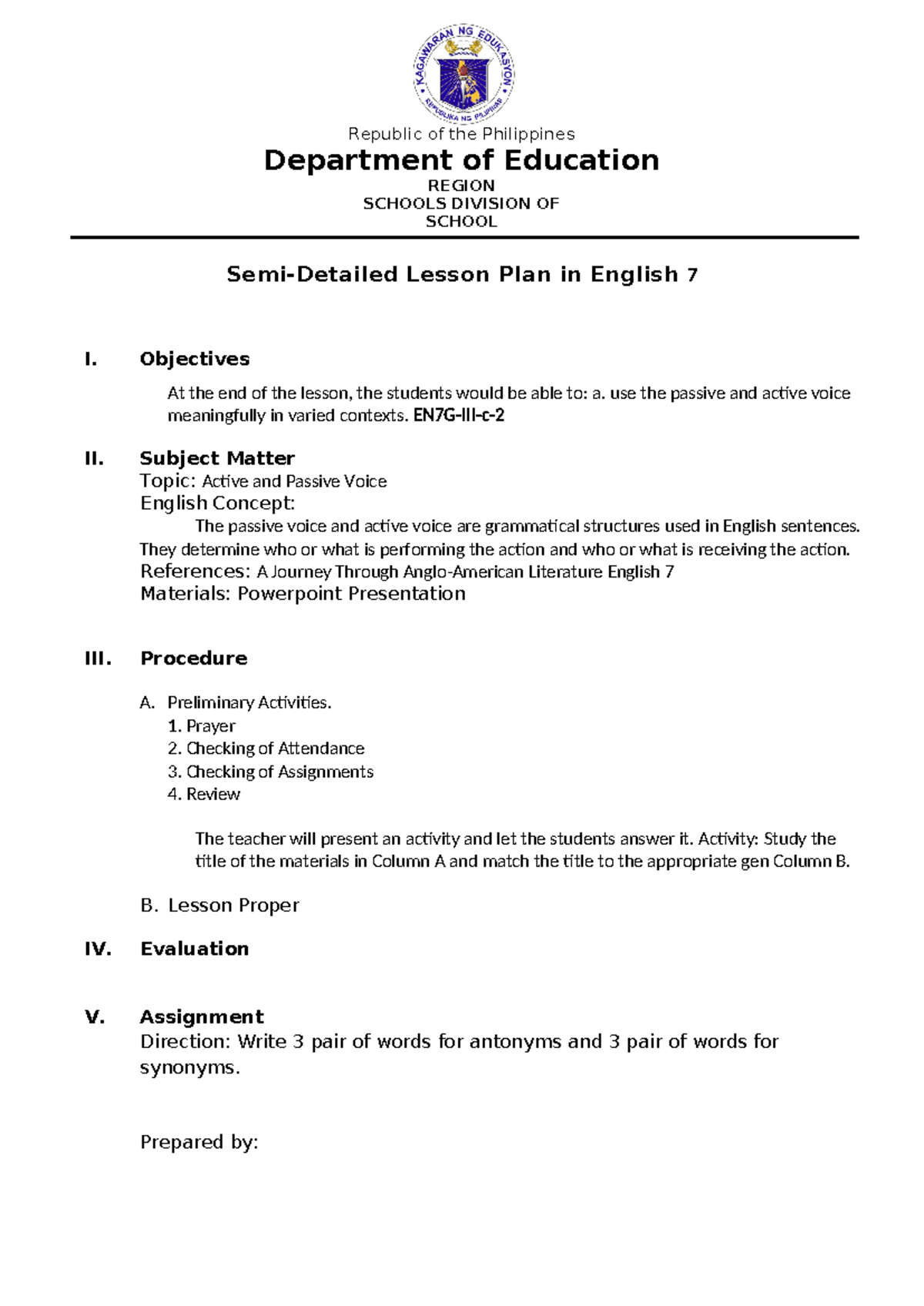 Q3-COT-Lesson Plan on Active and Passive Voice for English 7 - Studocu
