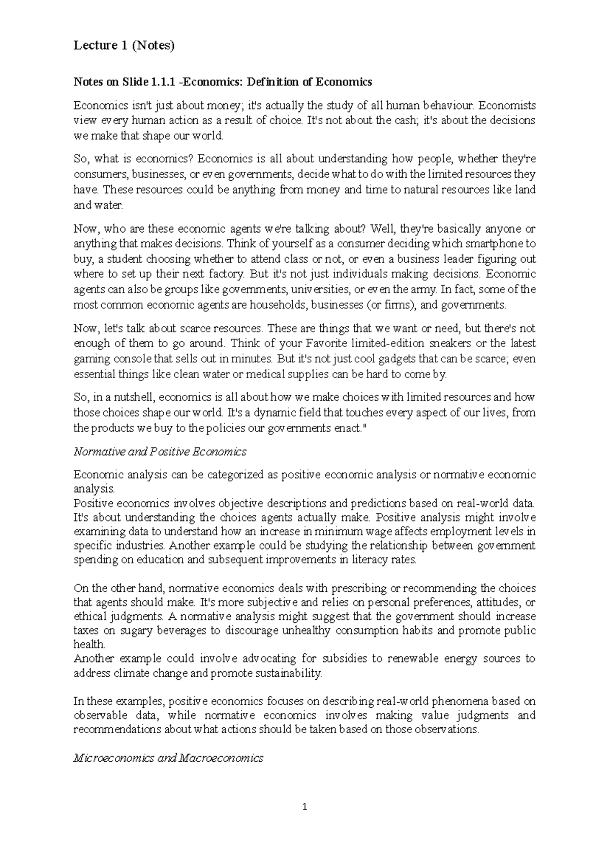 Lecture 1 (Notes) - Introduction to Economics Concepts and Principles ...