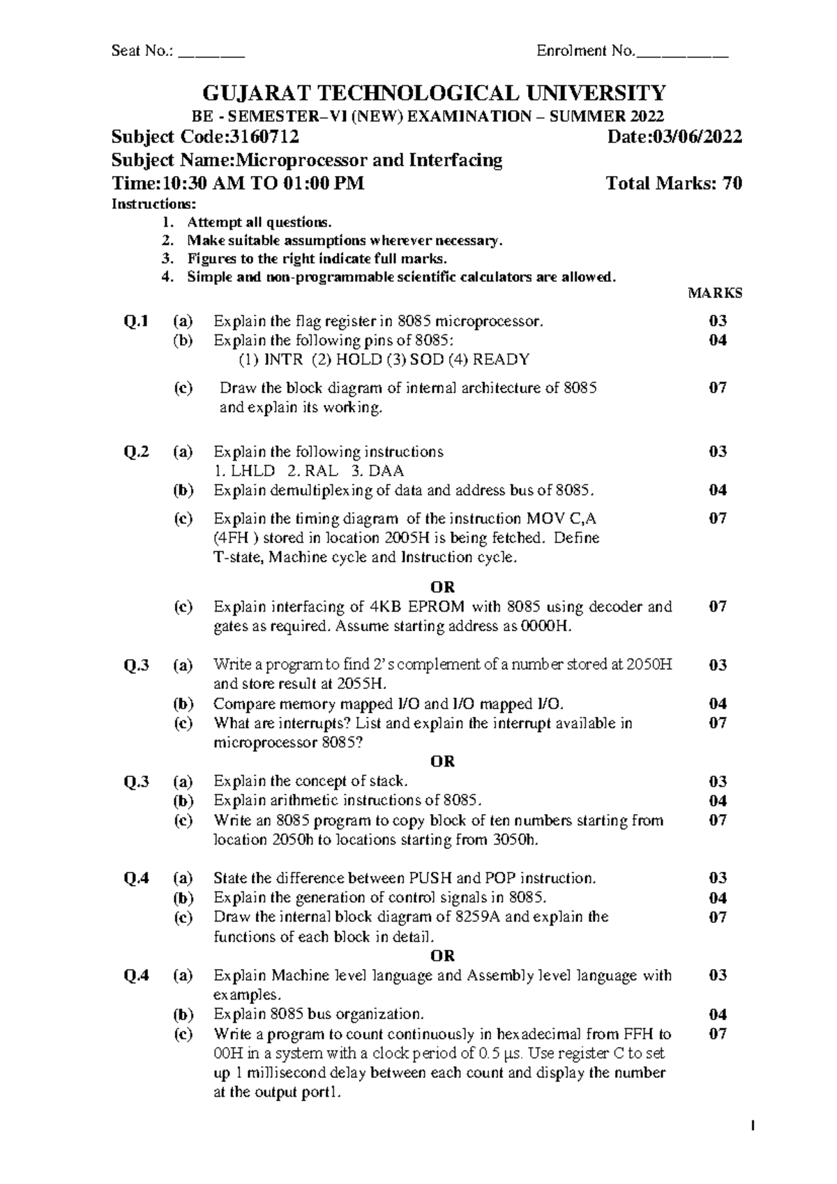 Microprocessor and Interfacing Exam Questions - GTU BE 3160712 - Studocu