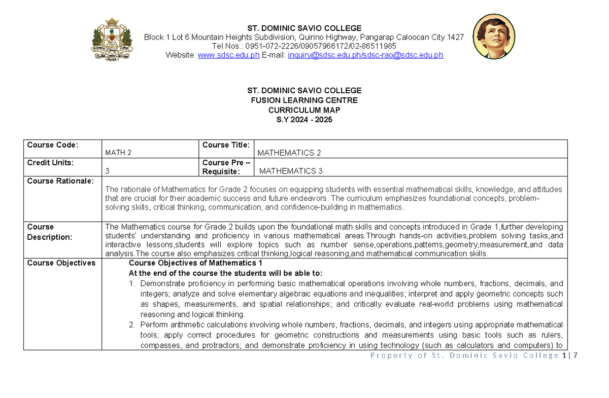 MATH 2 - Grade 2 Curriculum Map for SY 2024-2025 - Studocu
