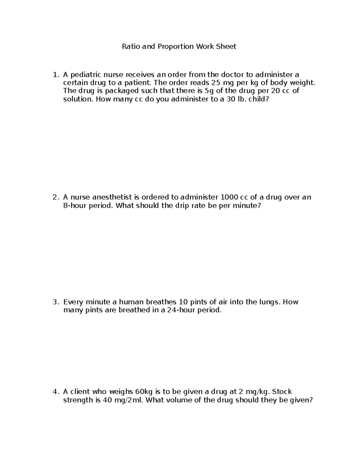 Ratio and Proportion Worksheet for Nursing Calculations - Studocu