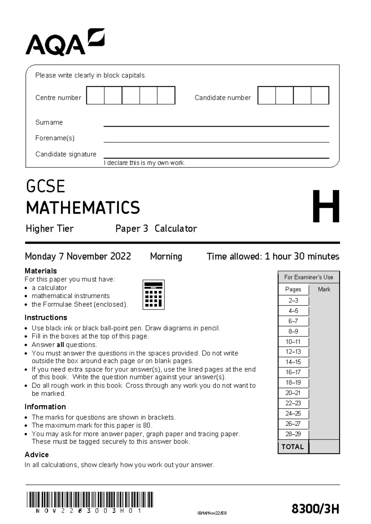 AQA 83003 H Paper 3 Calculator - GCSE Maths Past Paper Nov 2022 - Studocu