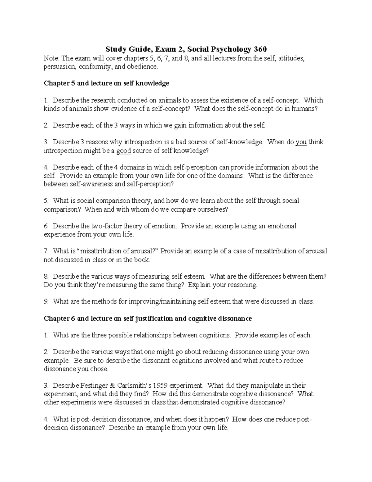 Review exam 2 study questions - Study Guide, Exam 2, Social Psychology ...