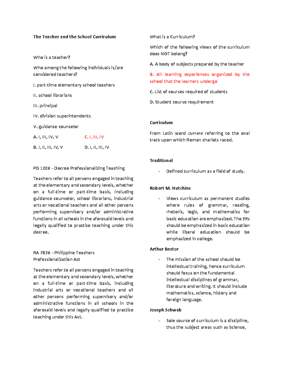 Curriculum Notes for PD 1006: Understanding Teaching and Learning - Studocu