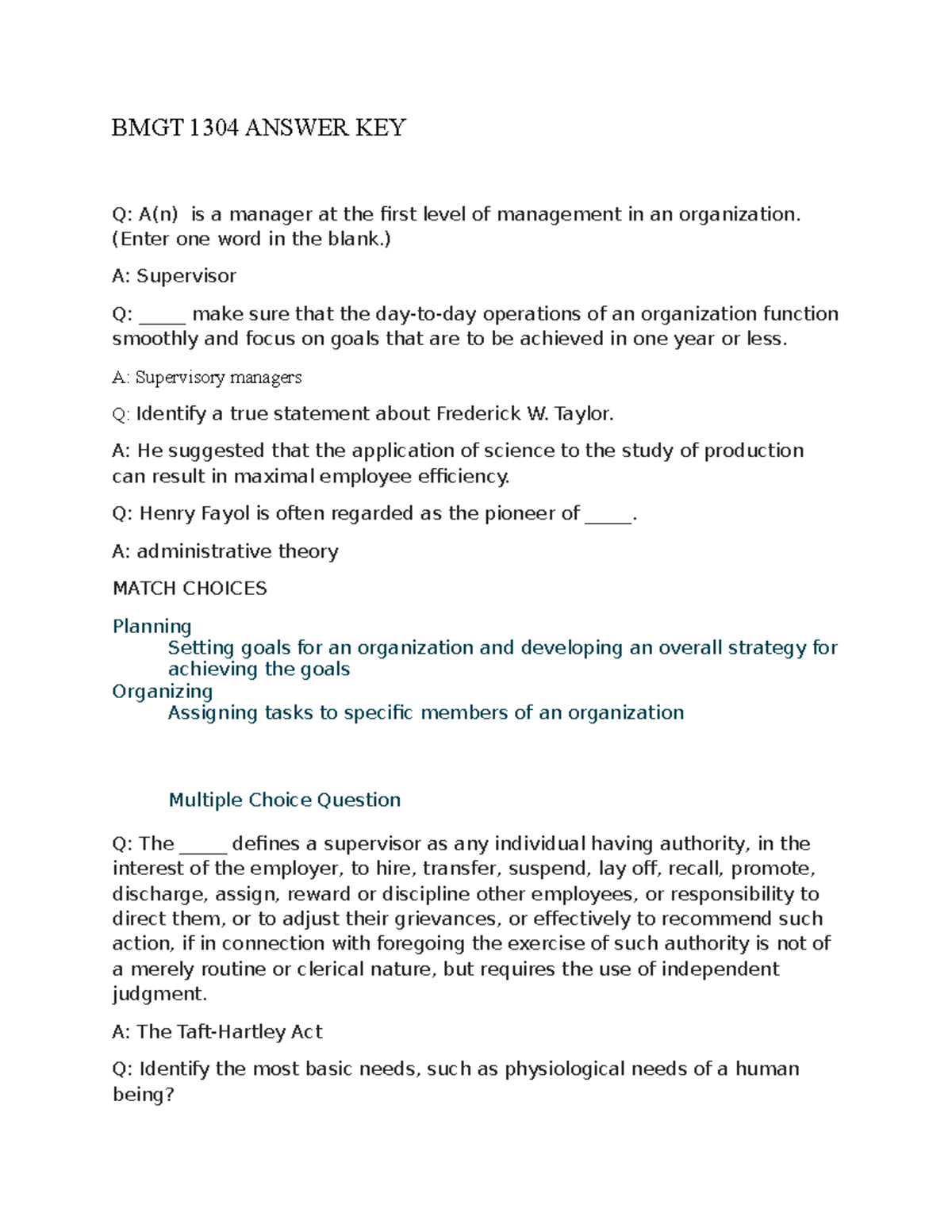 BMGT 1304 Chapter 1 Review & Answer Key for Management Concepts - Studocu