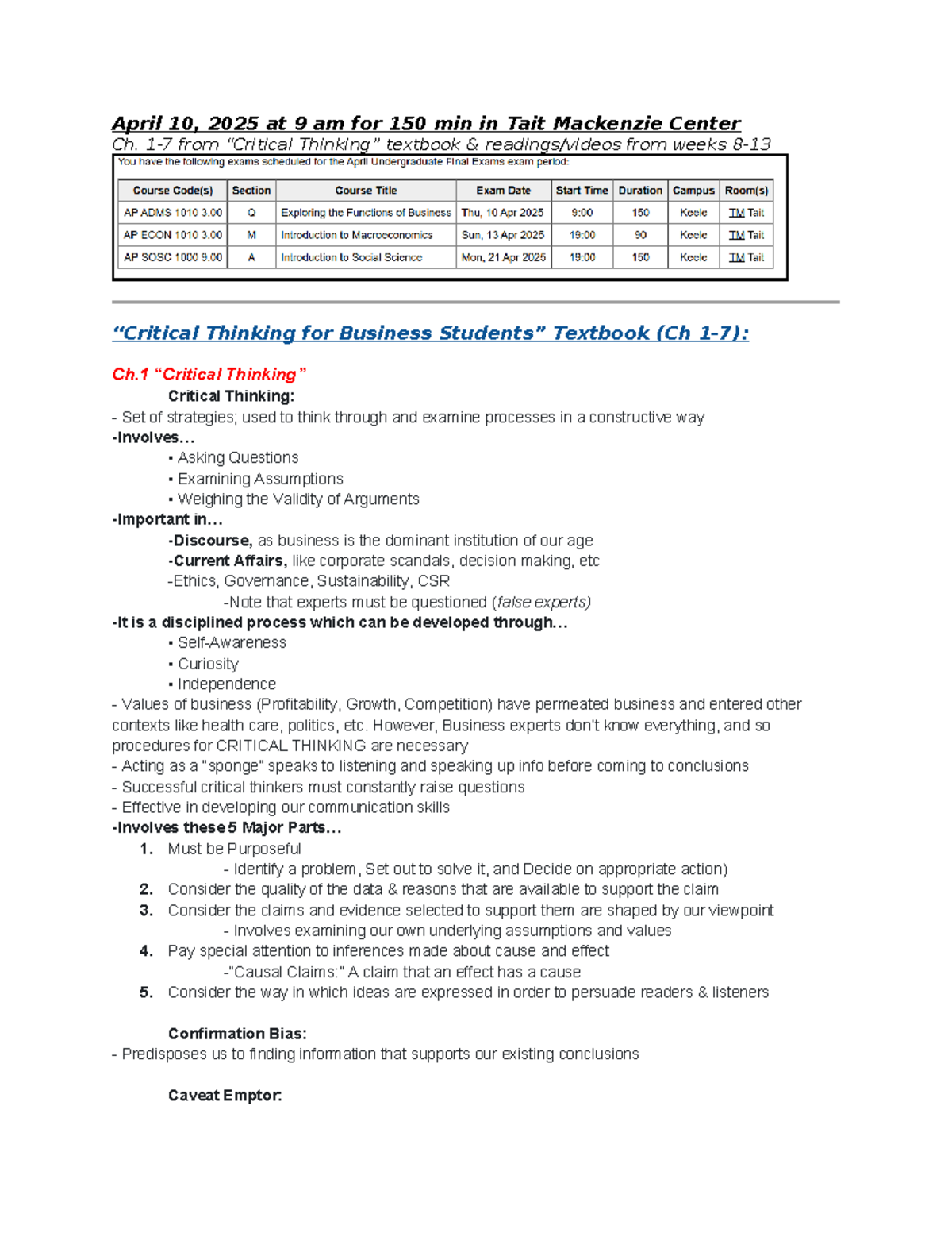 ADMS 1010 Final Exam Notes: Critical Thinking in Business - Studocu