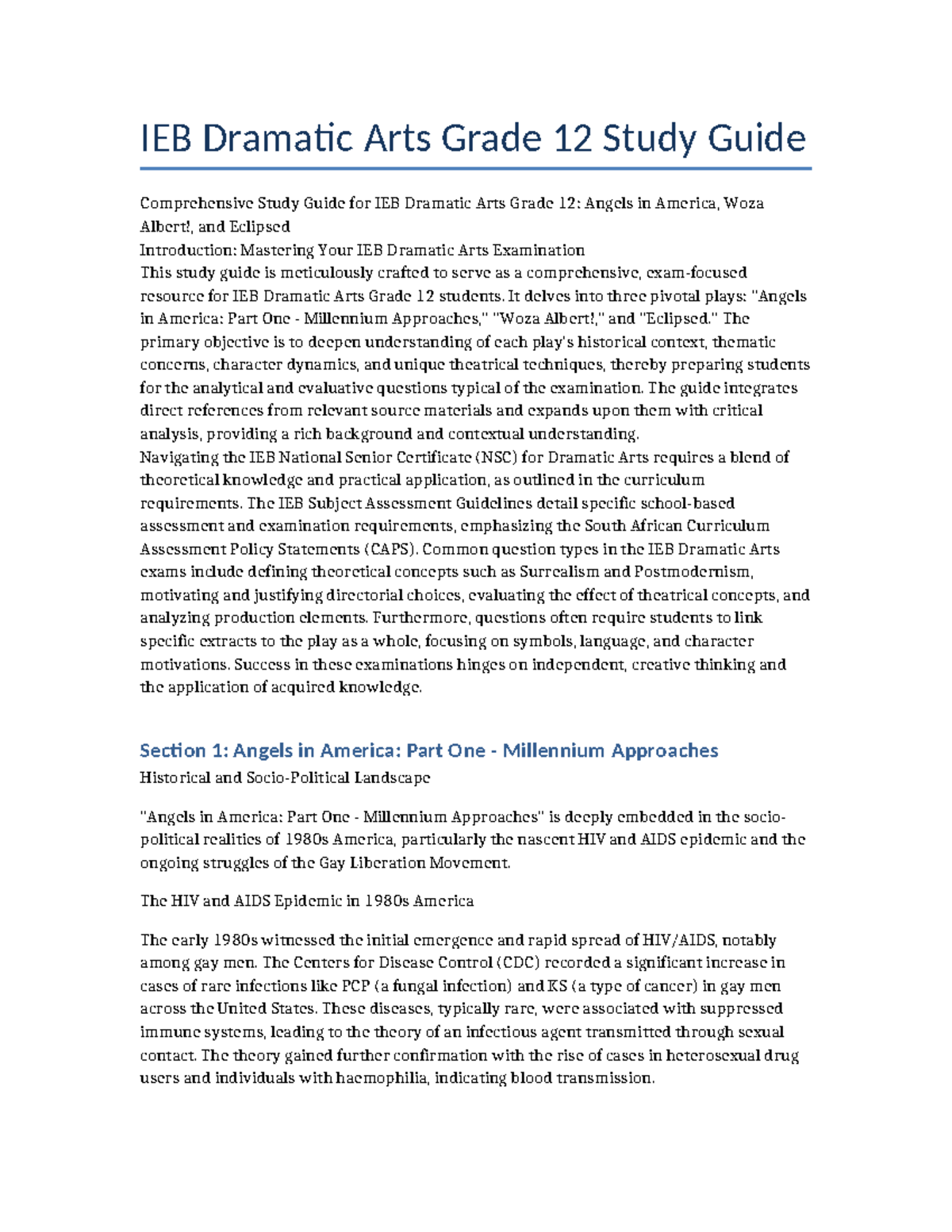 IEB Dramatic Arts Grade 12 Study Guide: Insights on Angels in America ...