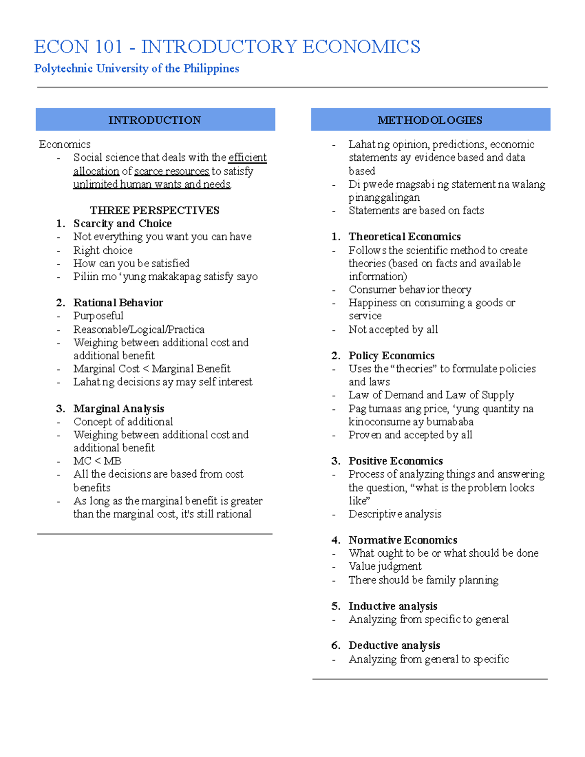 ECON 101 - Lecture Notes on Introductory Economics Concepts - Studocu