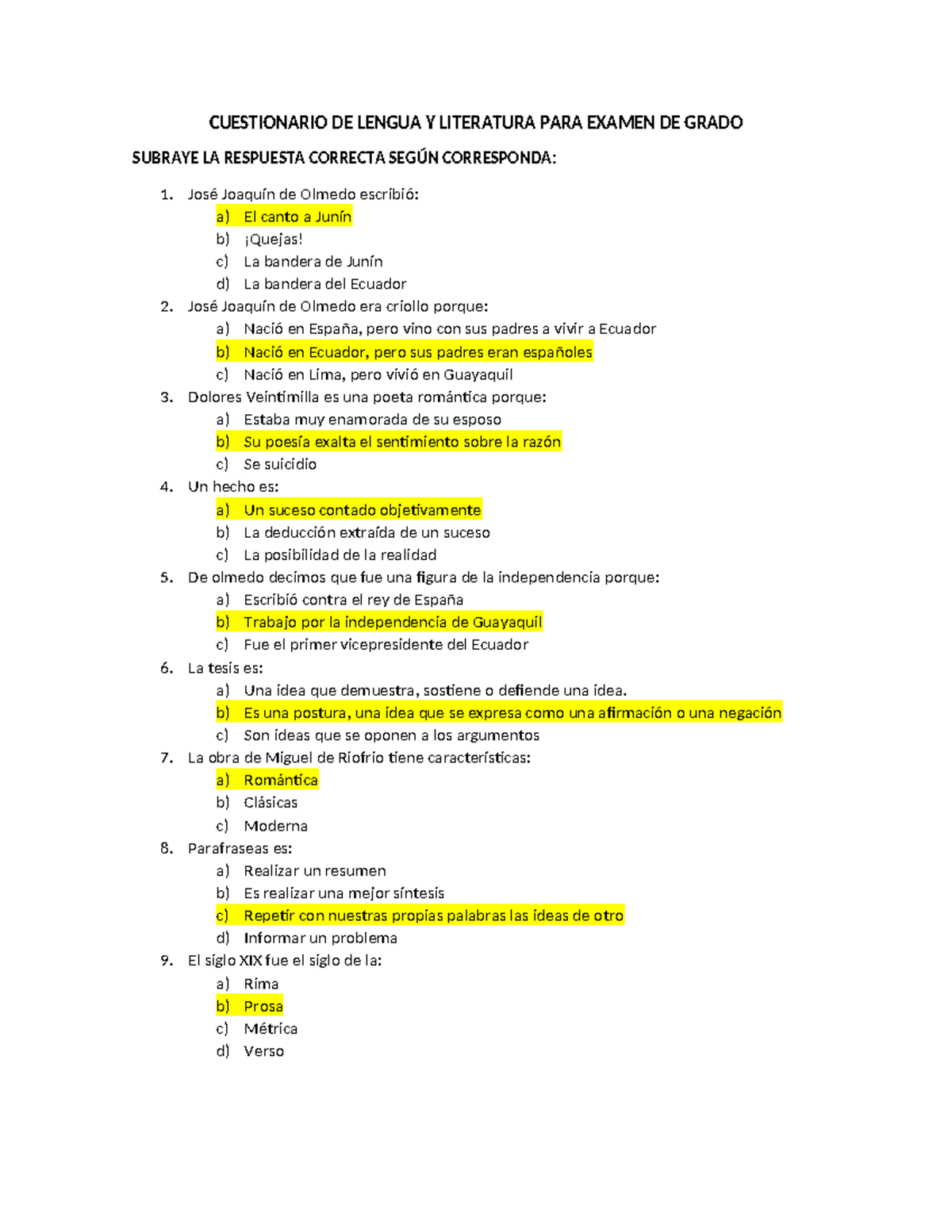 Cuestionario de Lengua y Literatura para Examen de Grado 2023-2024 ...
