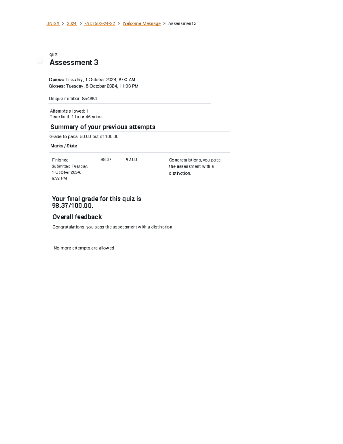 FAC1502 Assignment 3 Quiz Summary and Feedback - Oct 2024 - Studocu