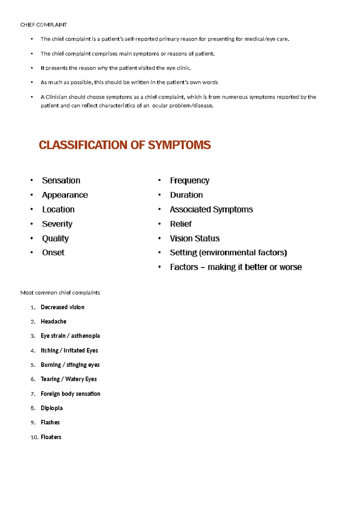 Chief Complaint Overview in Ophthalmic Care - Studocu