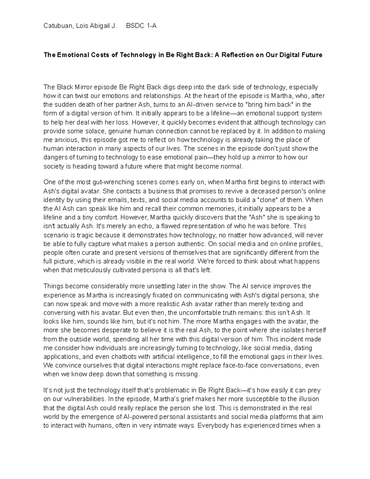 Reflection on Technology's Emotional Impact in Be Right Back - BSDC 1-A ...