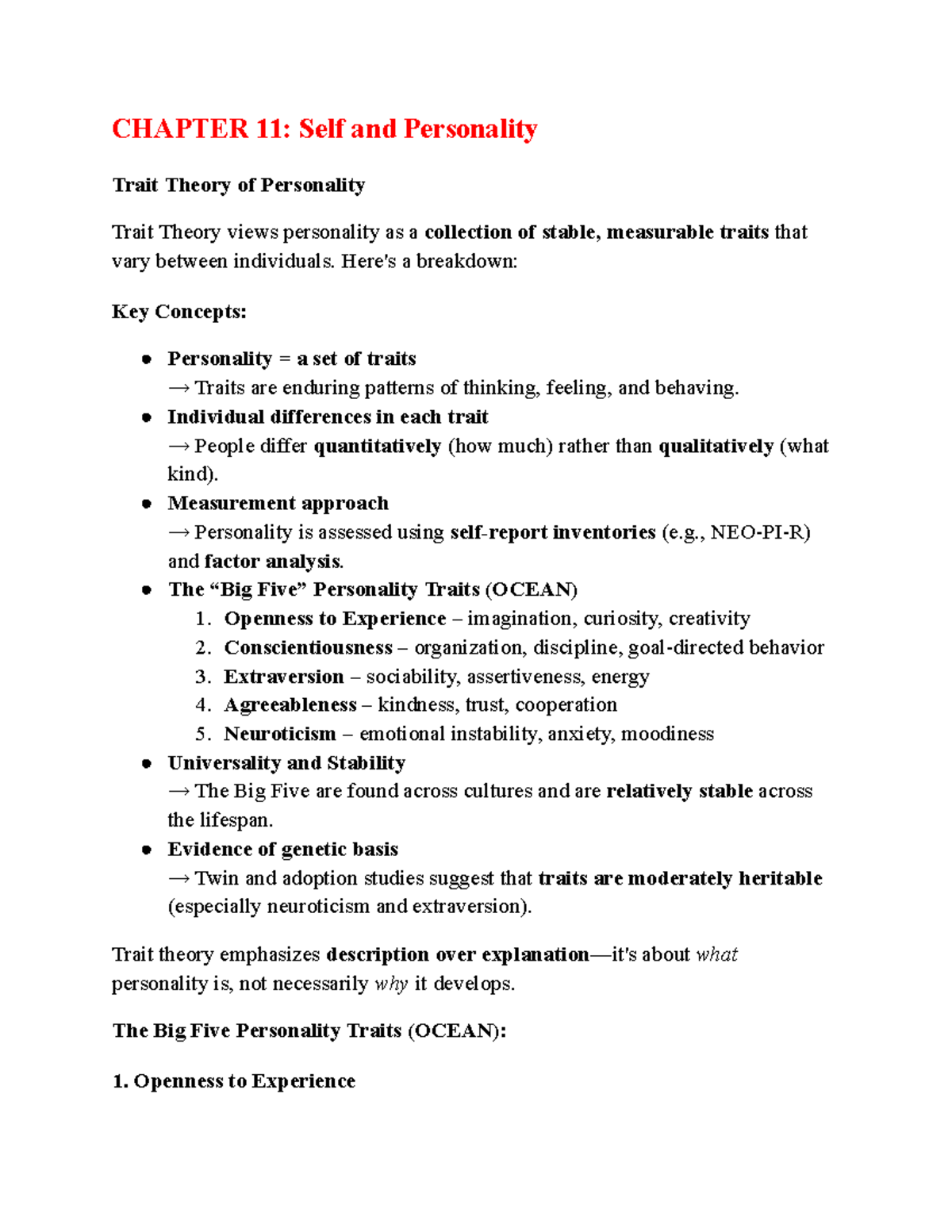 Psych217 Final Exam Review: Self and Personality Trait Theory Insights ...