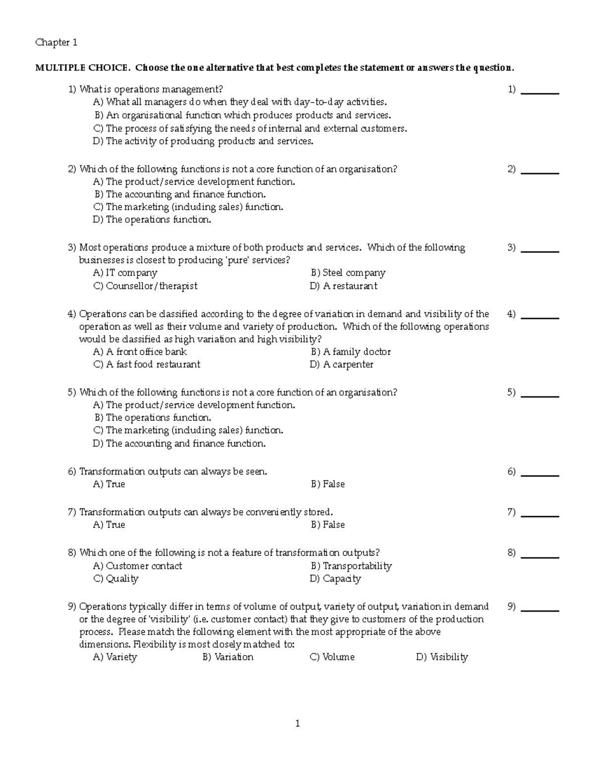 TB CH1 - Test Bank for Operations Management Chapter 1 - Studocu