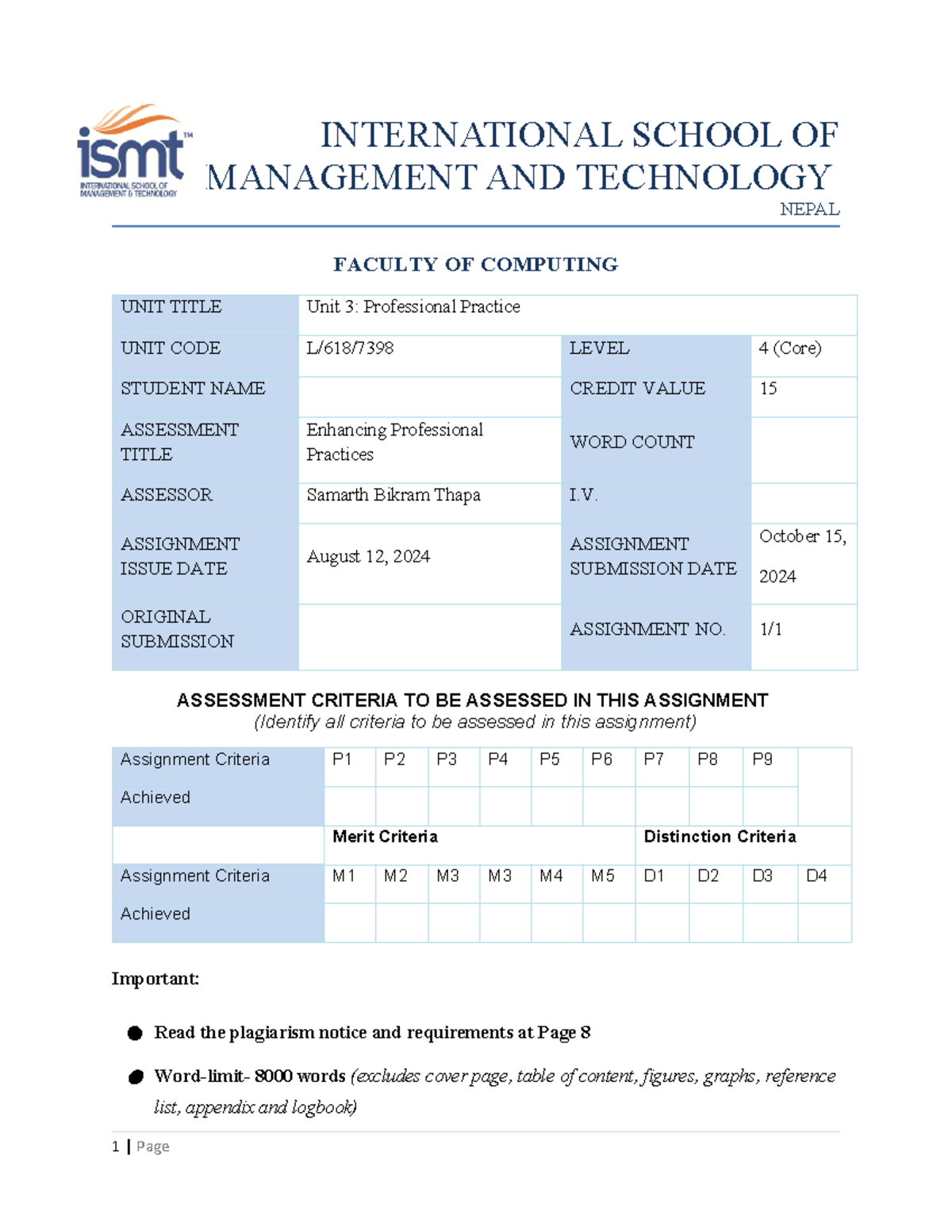 Unit 3: Enhancing Professional Practices - L/618/7398 (Core) Assignment ...