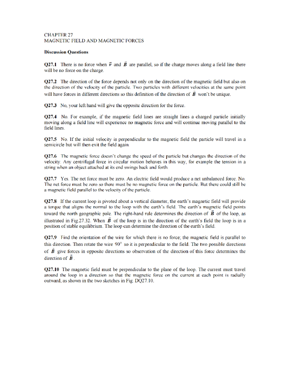 CH27 Magnetic Field & Forces: Discussion Questions Solutions - Studocu