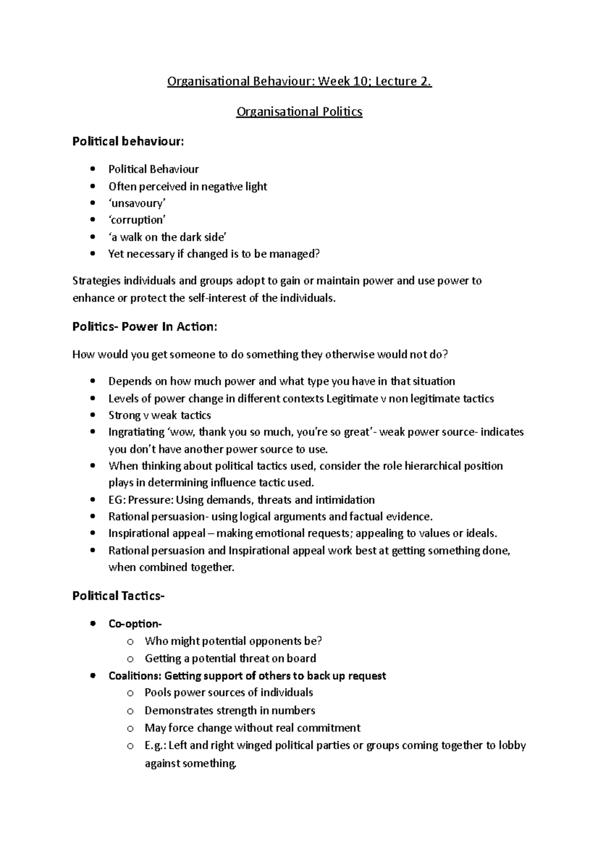 OB Week 10 Lec 2 - Lecture notes 10.2 - Organisational Behaviour: Week ...