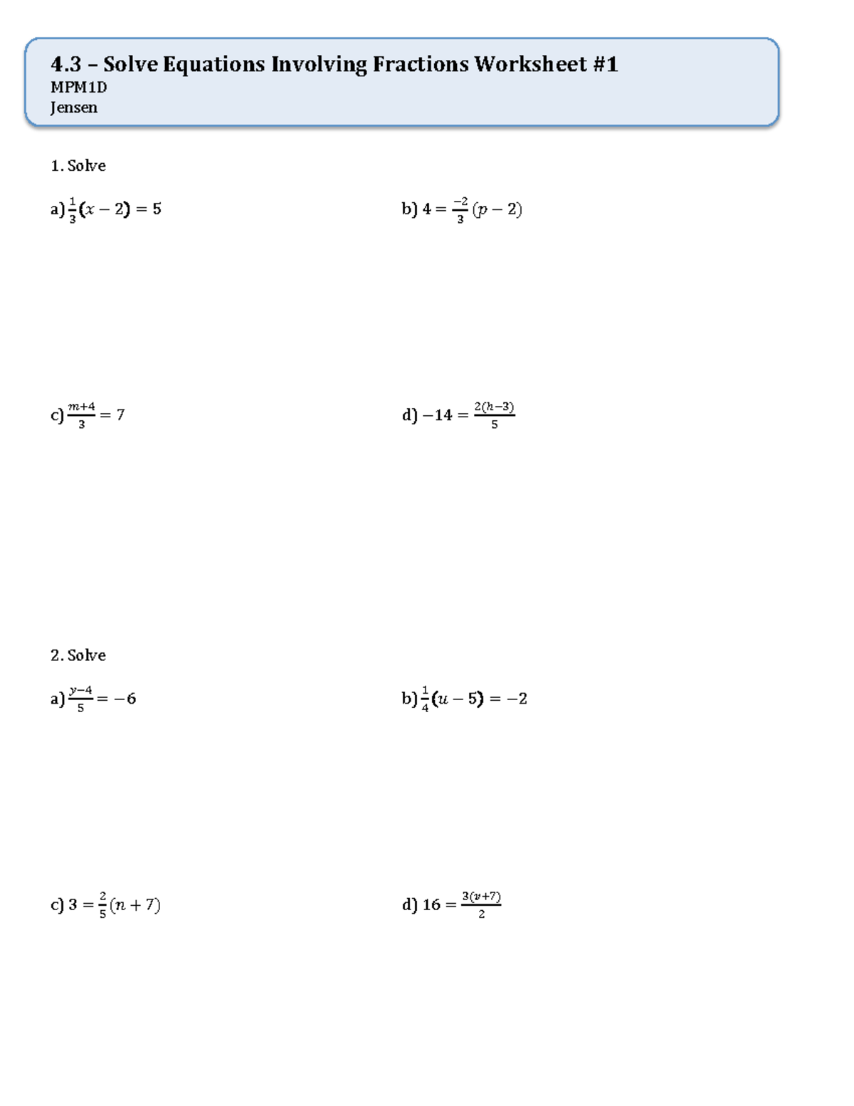 4.3+day+1+worksheet - optics - 4 – Solve Equations Involving Fractions ...