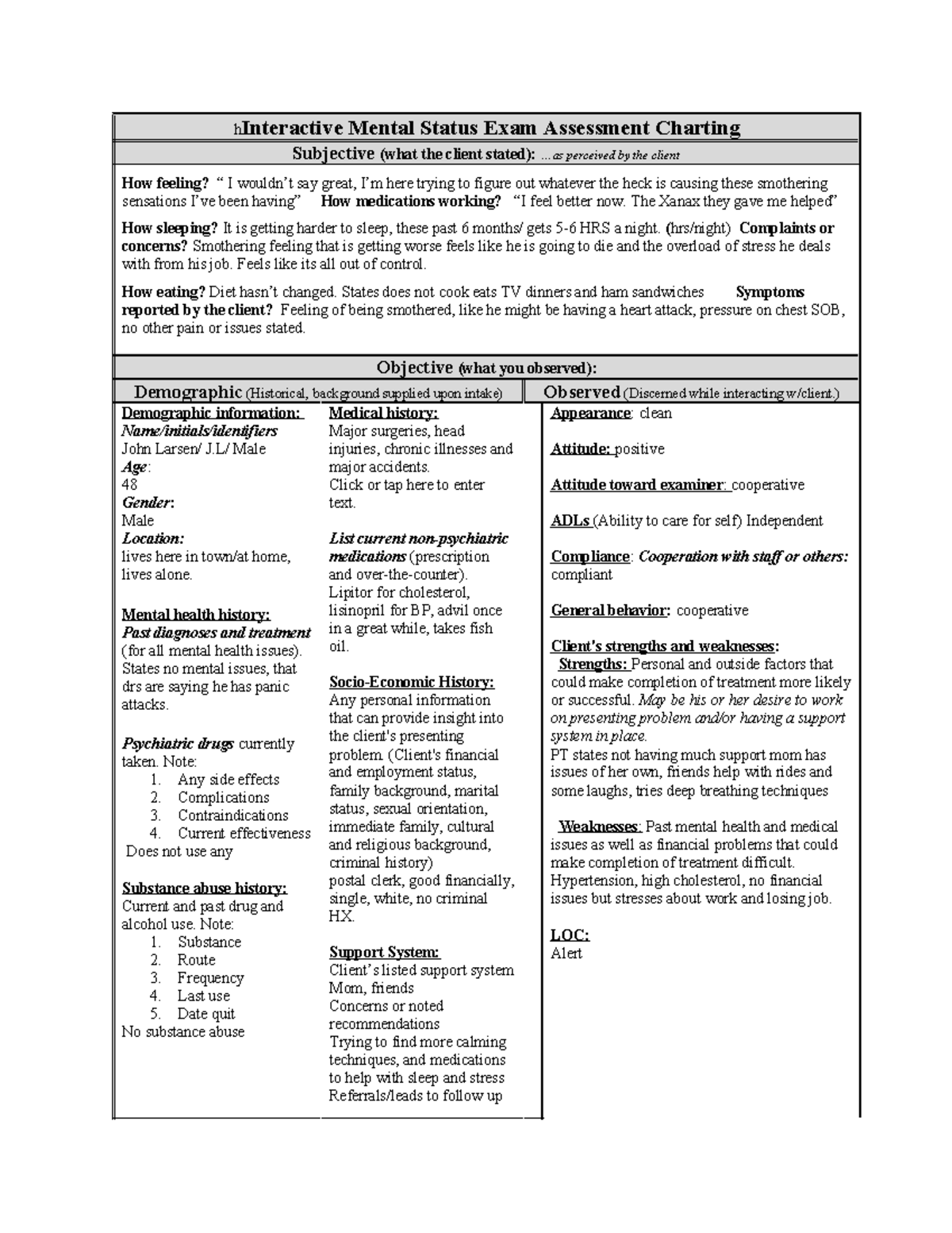 Mental Status Exam Assessment Charting: Interactive Tool (MSE 101 ...