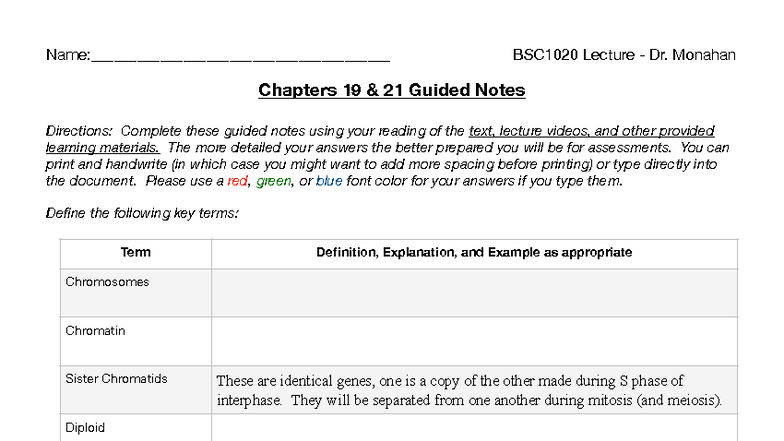 BSC1020 Lecture Guided Notes for Chapters 19 & 21 - Studocu