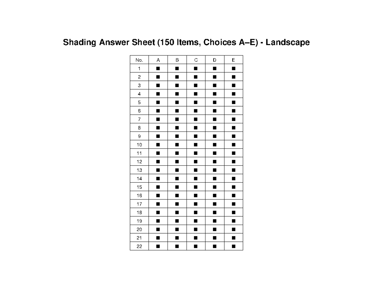 Shading Answer Sheet (150 Items) - Landscape Format - Studocu