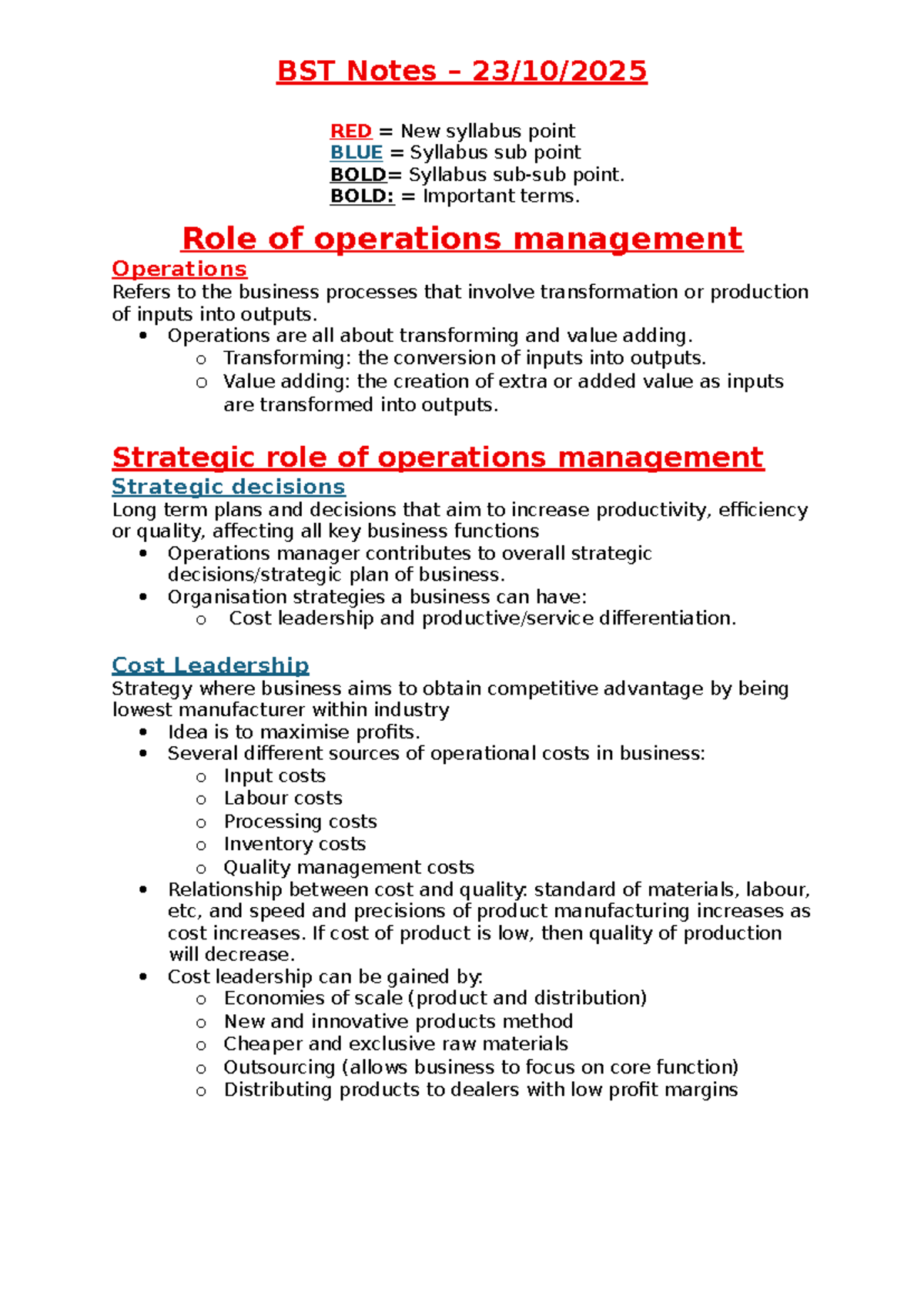 BST Notes: Role of Operations Management and Strategic Decisions - Studocu