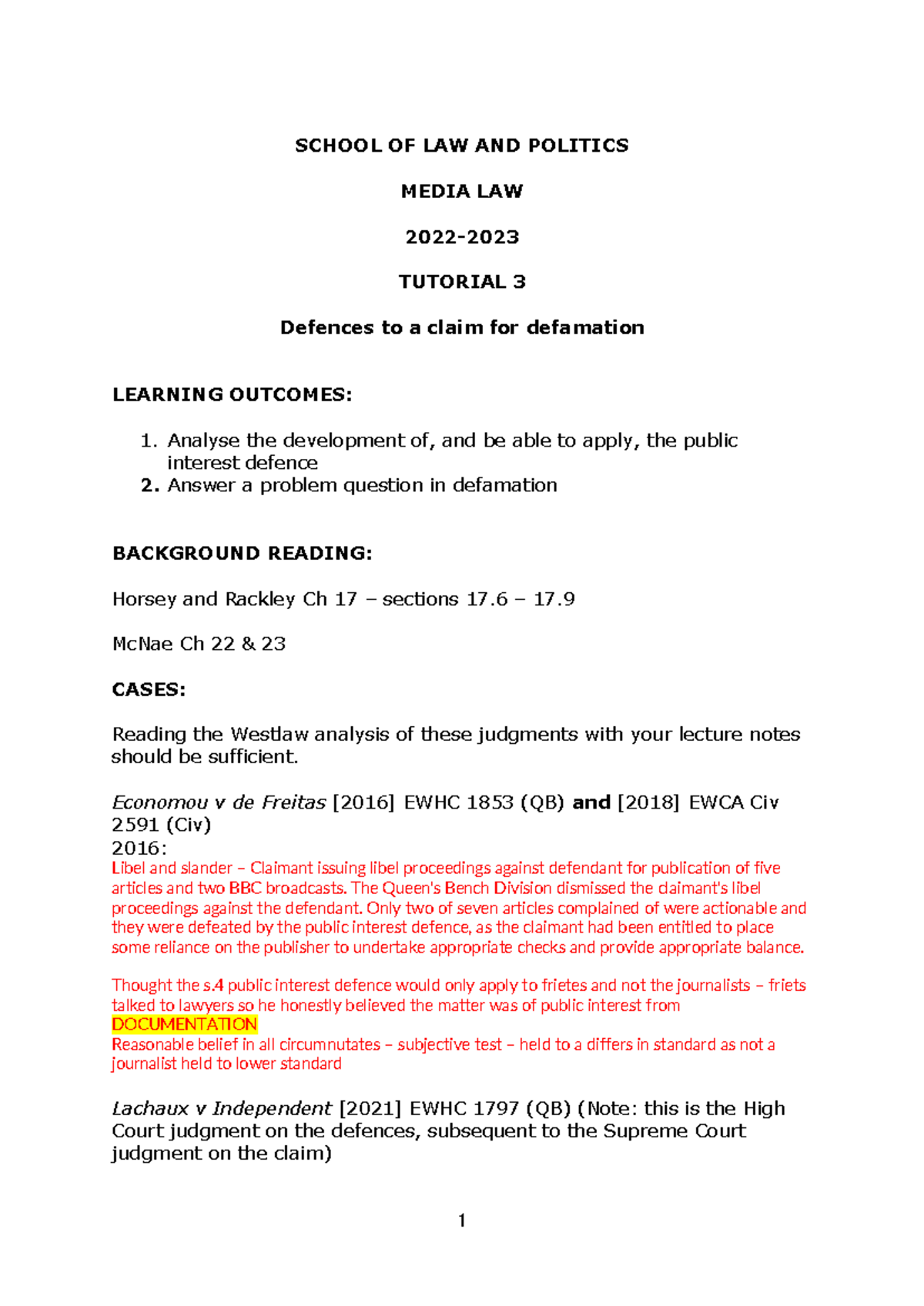 2022-2023 Media Law T3 Defamation Defences and Case Analysis - Studocu