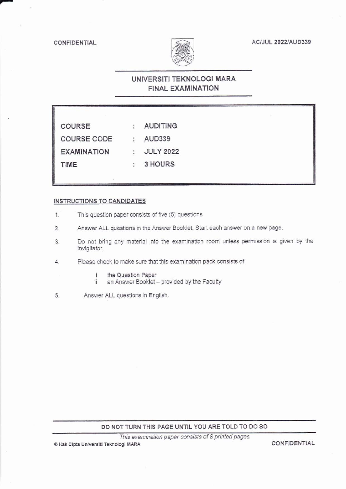 AUD339 Final Exam Questions - July 2022 - Studocu