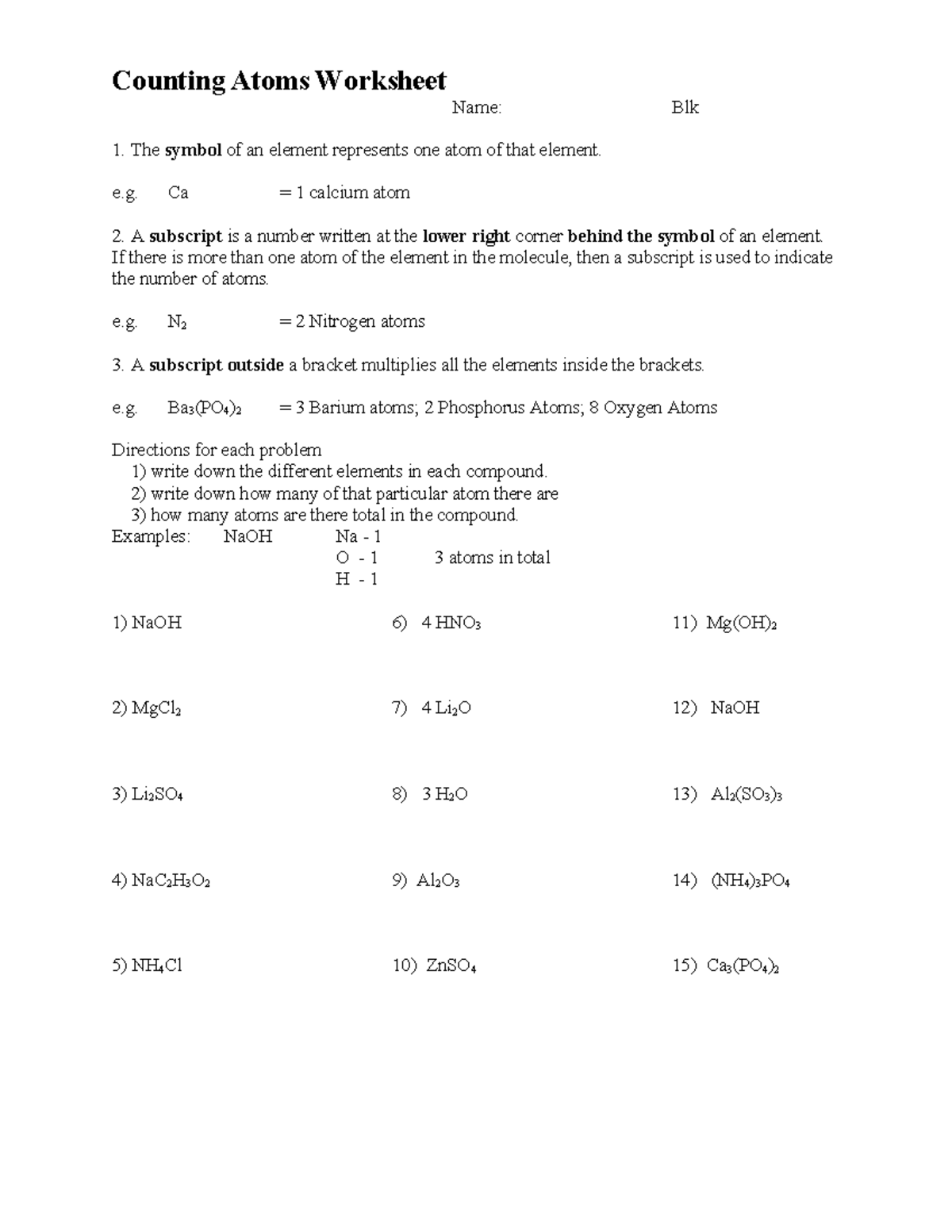 Counting Atoms Worksheet - Chemistry 1A - Studocu