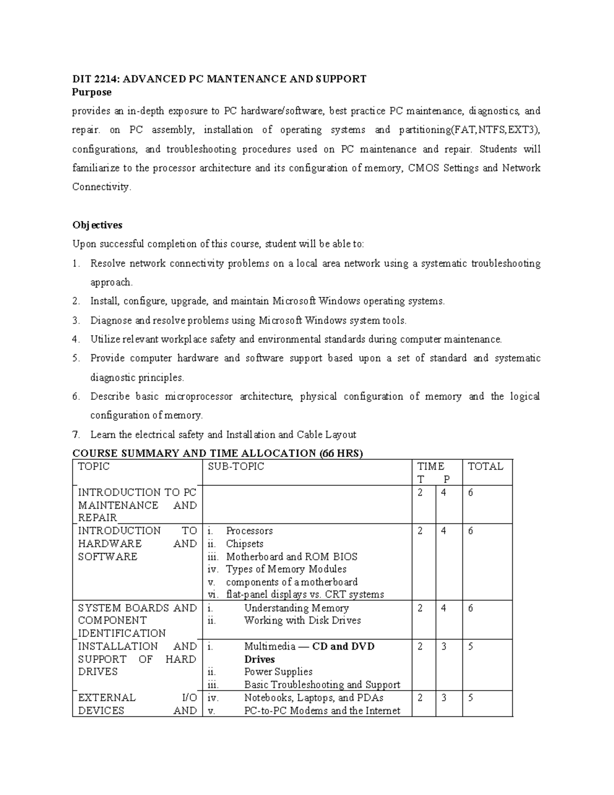DIT 2214: Advanced PC Maintenance & Support Course Outline - Studocu