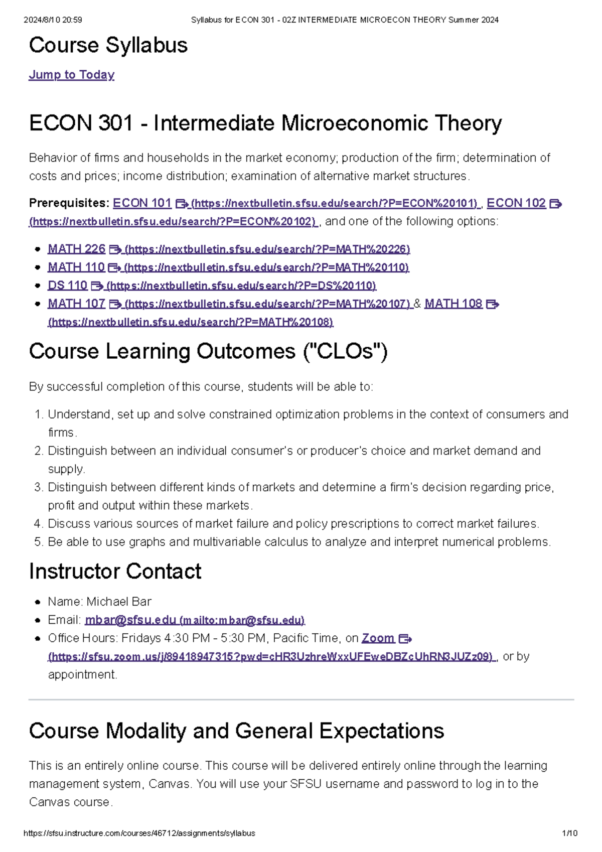 ECON 301 - Intermediate Microeconomic Theory Course Syllabus - Studocu