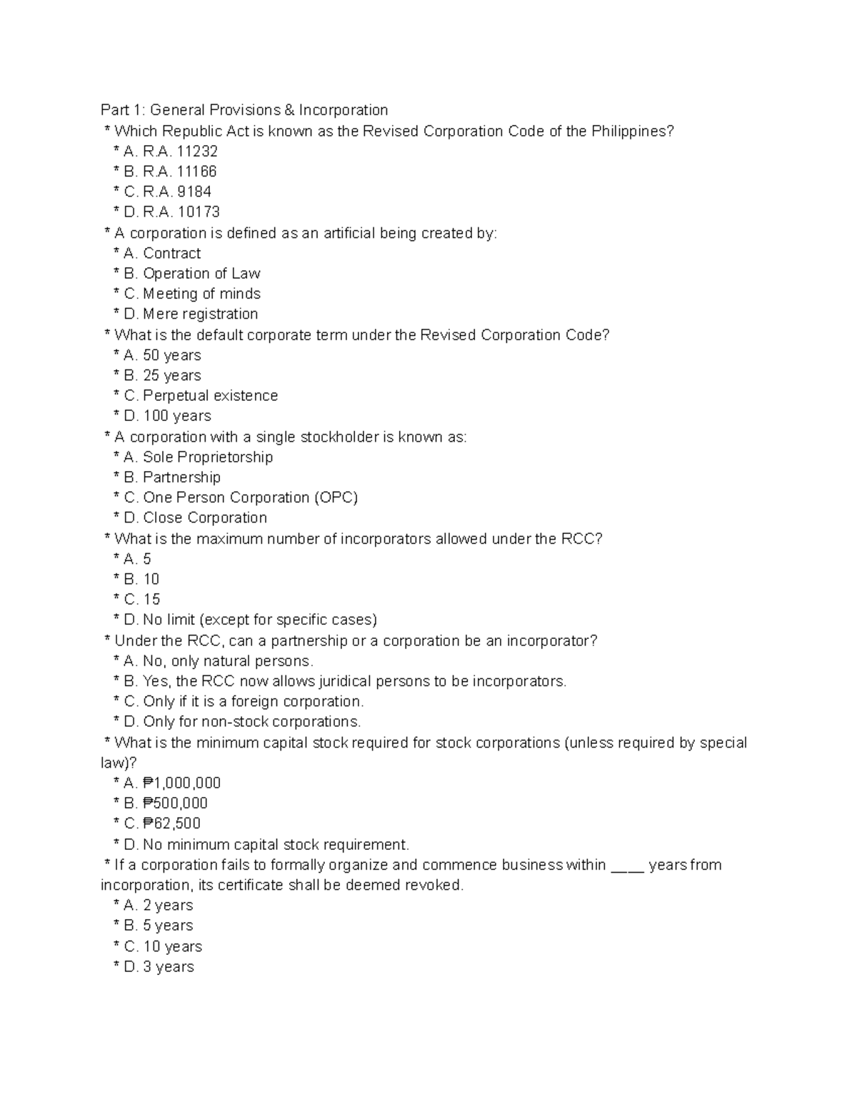 RCC Quizzer: Key Concepts of the Revised Corporation Code - Studocu