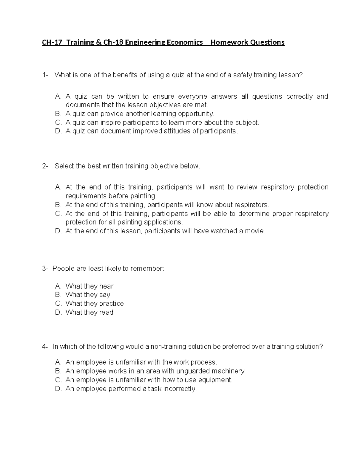 Ch 17 Training & Ch 18 Engineering Economics Homework Questions - CH-17 ...