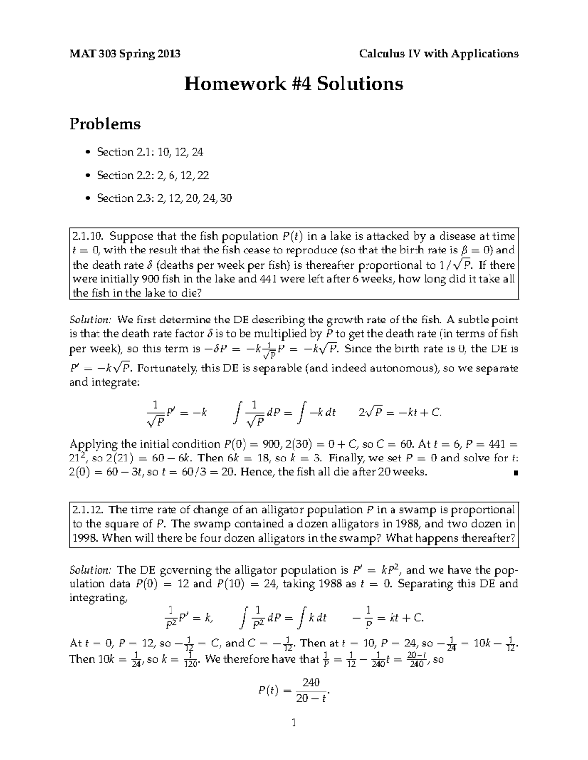 Hw-04-solutions - Lecturer notes. - Homework #4 Solutions Problems ...