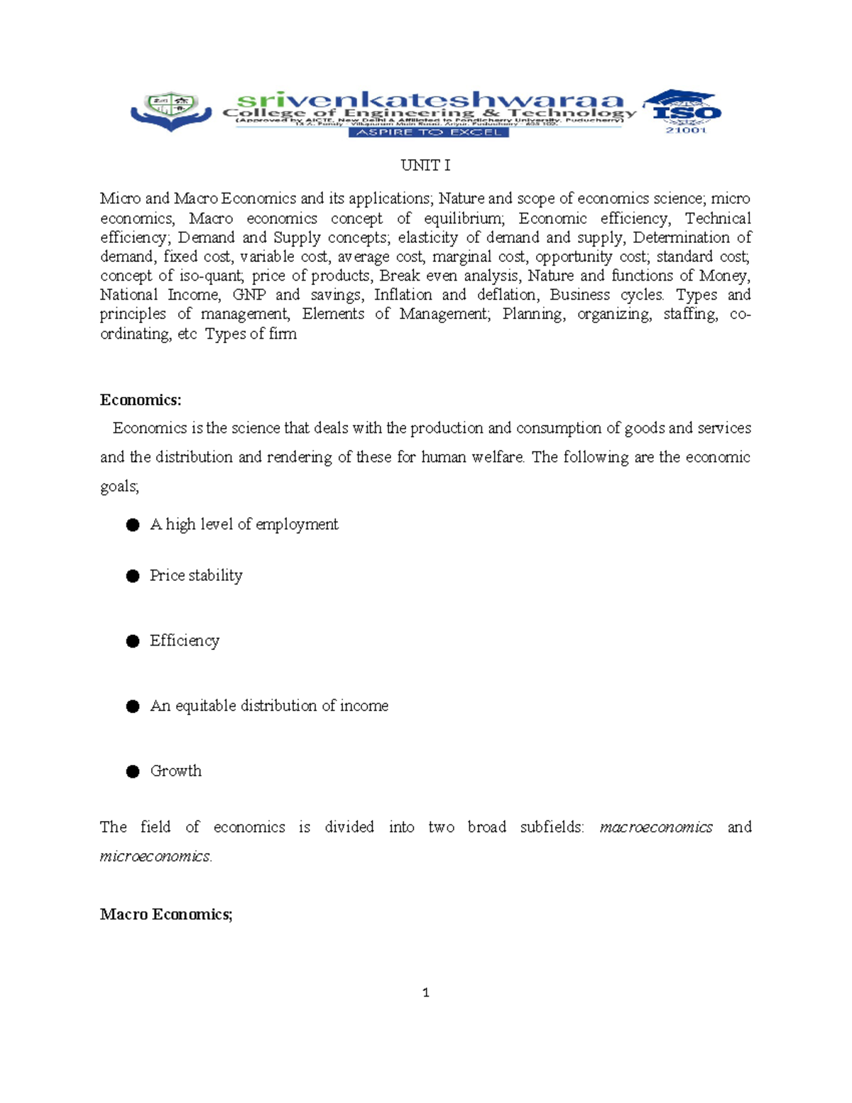 UNIT I EEM: Micro & Macro Economics Overview and Key Concepts - Studocu