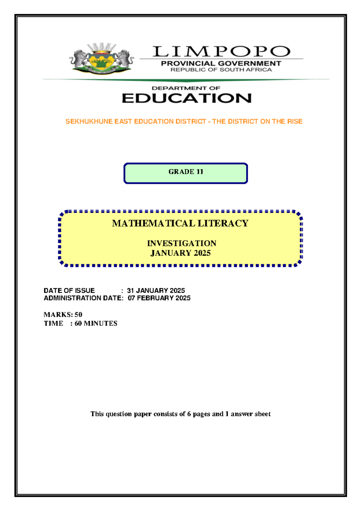 Grade 11 Mathematical Literacy Investigation: Term 1 (2025) - Studocu