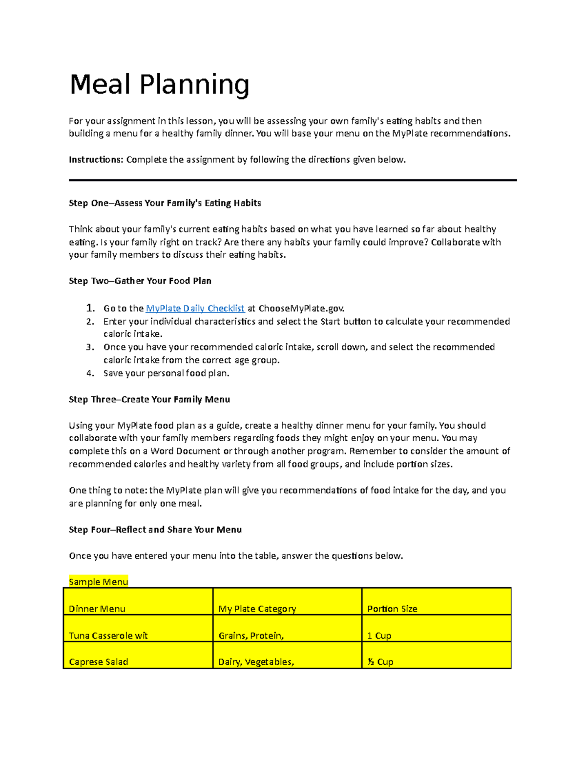 04 03 05 - Healthy Dinner Menu Planning Assignment - Studocu
