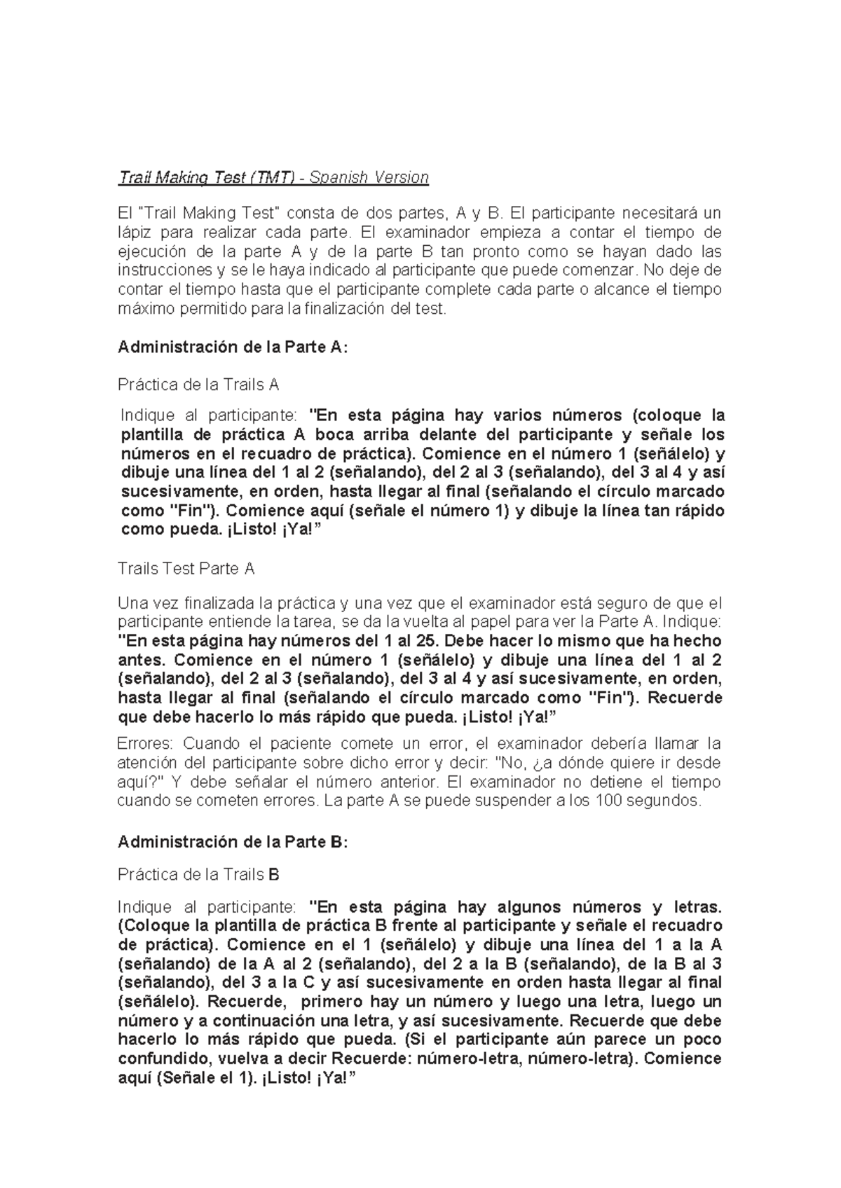 TMT - Trail Making Test: Instrucciones y Práctica A y B - Document Preview