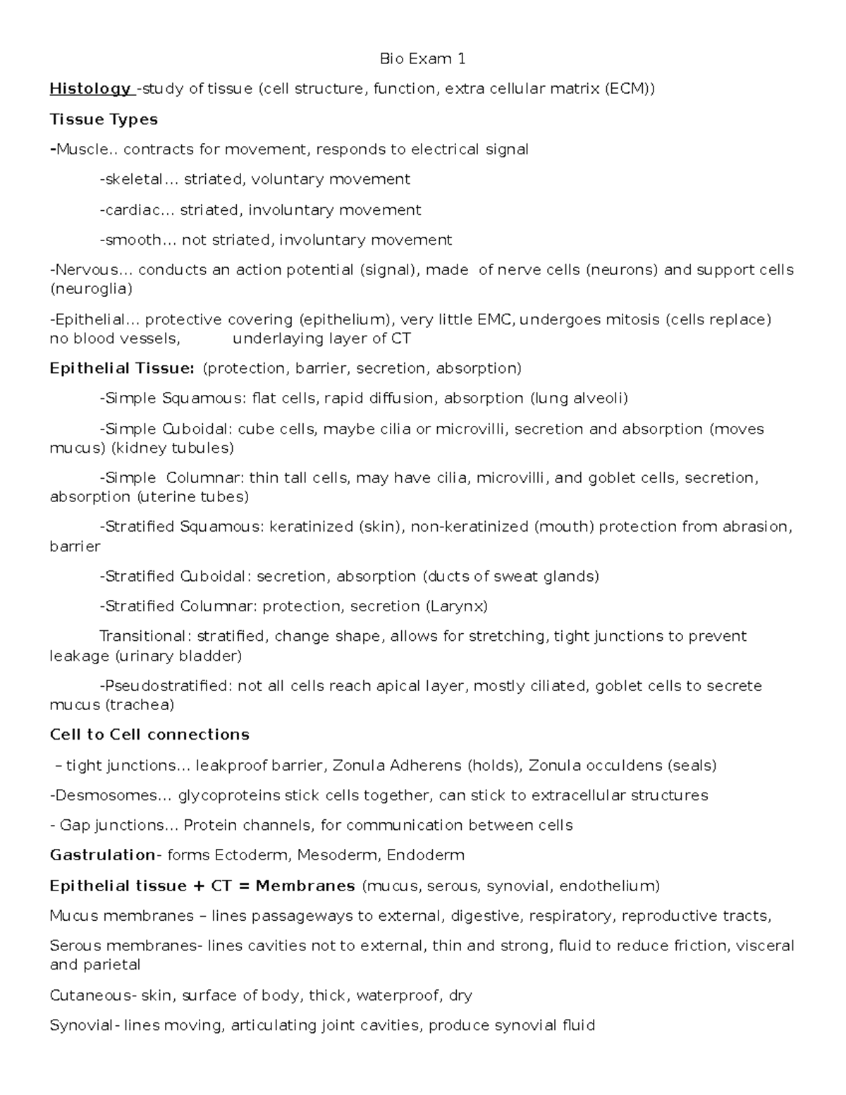 Midterm Exam #1 Study Guide: Histology and Tissue Types Overview - Studocu