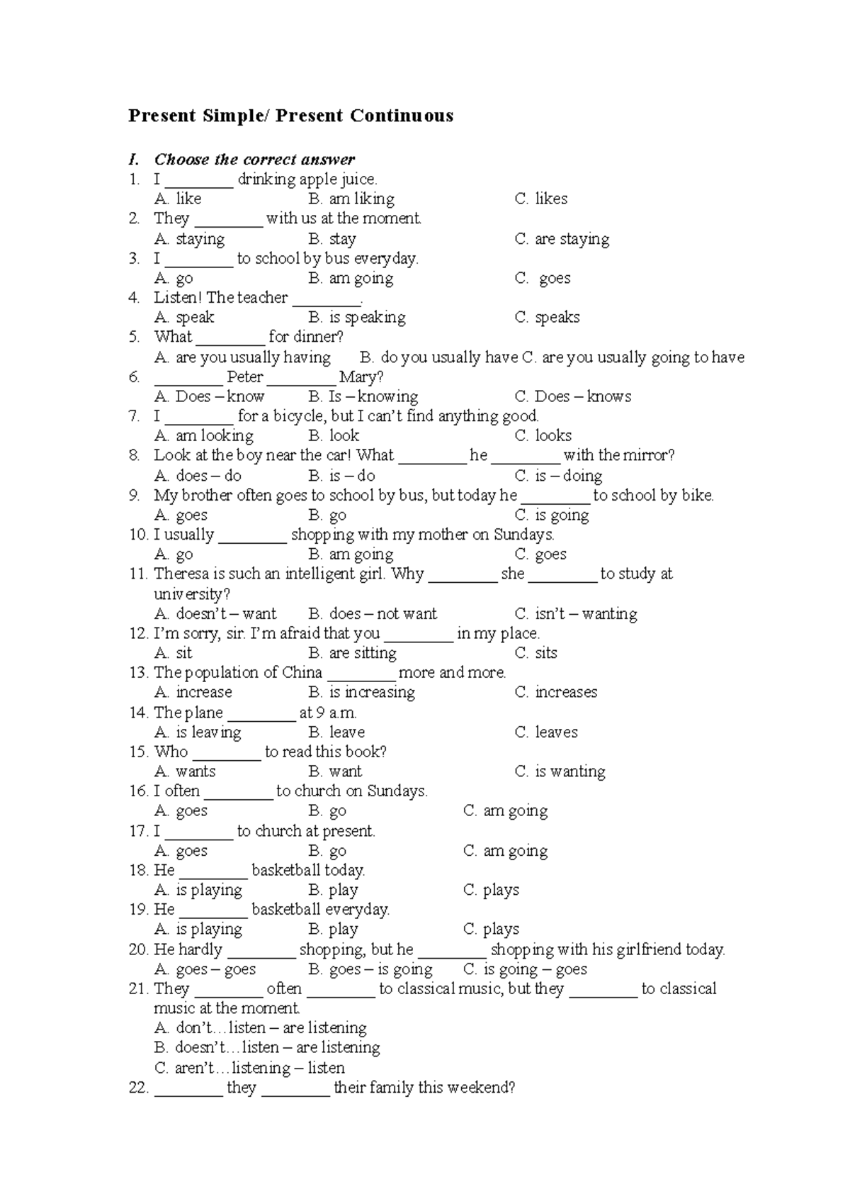 Practice 2: Present Simple & Present Continuous Exercises - Studocu