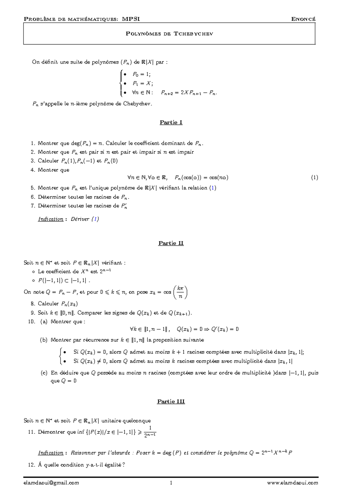 Correction MPSI: Problèmes et Solutions sur les Polynômes de Tchebychev ...