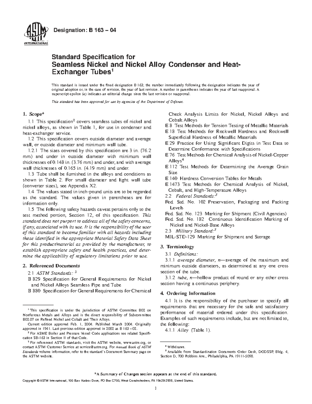 B 163 04 Standard Specification for Nickel Alloy Tubes - Studocu
