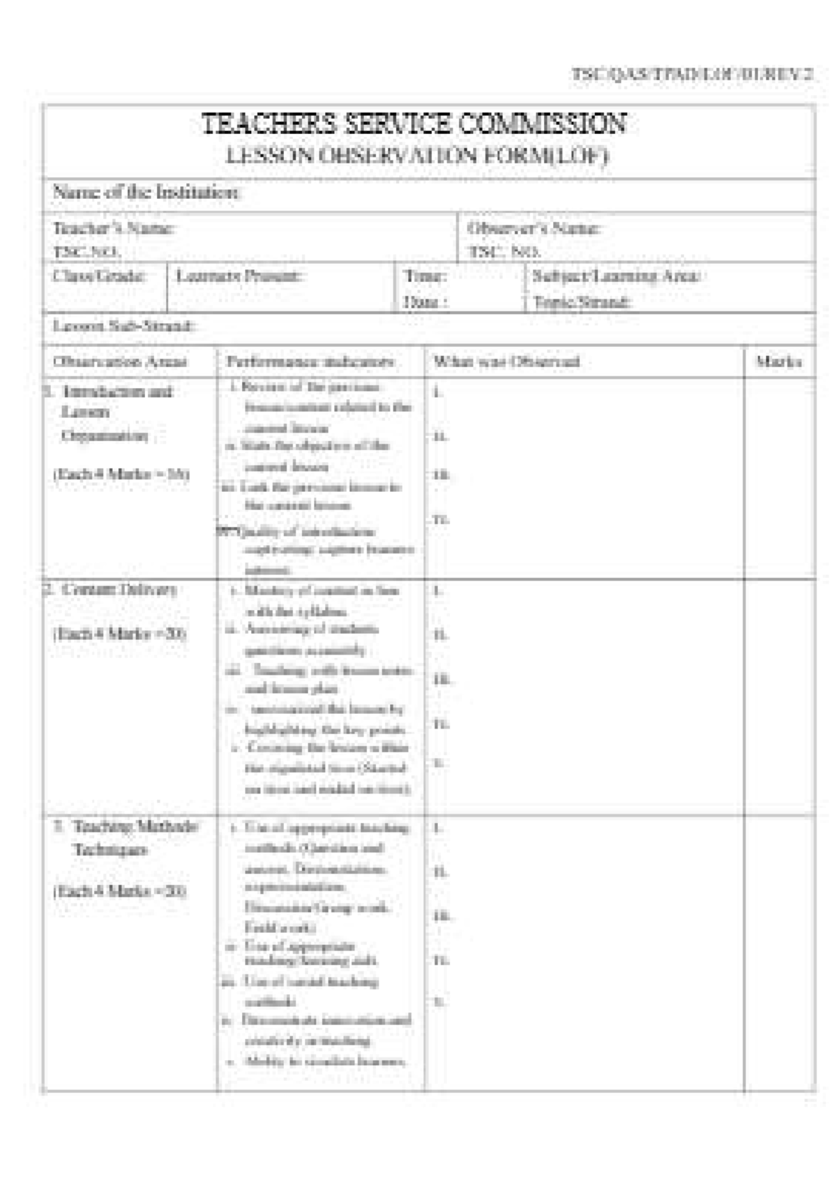 TSC Lesson Observation Form (LOF) for Teacher Evaluation - Document Preview