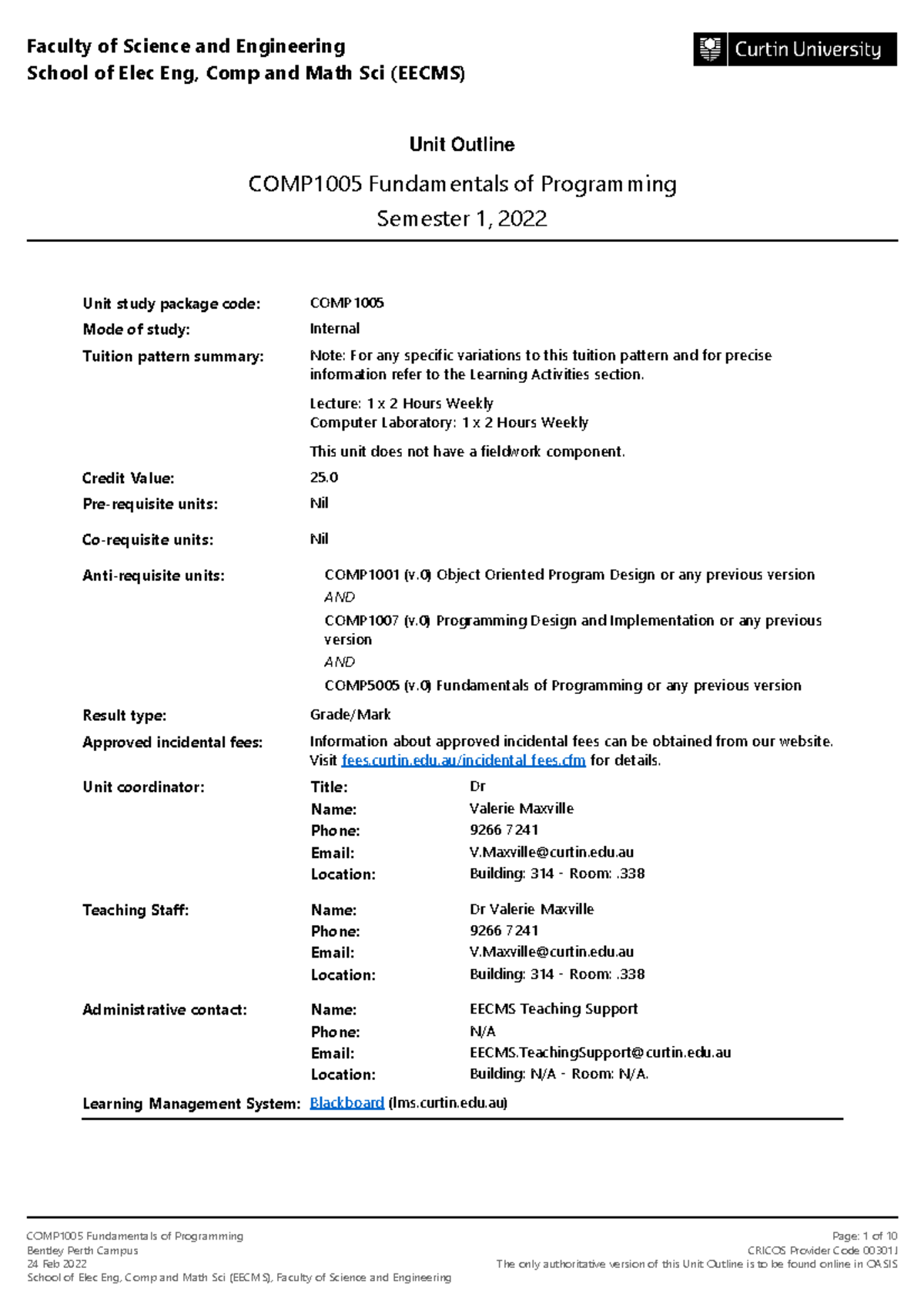 COMP1005 Fundamentals of Programming Unit Outline - Semester 1 2022 ...