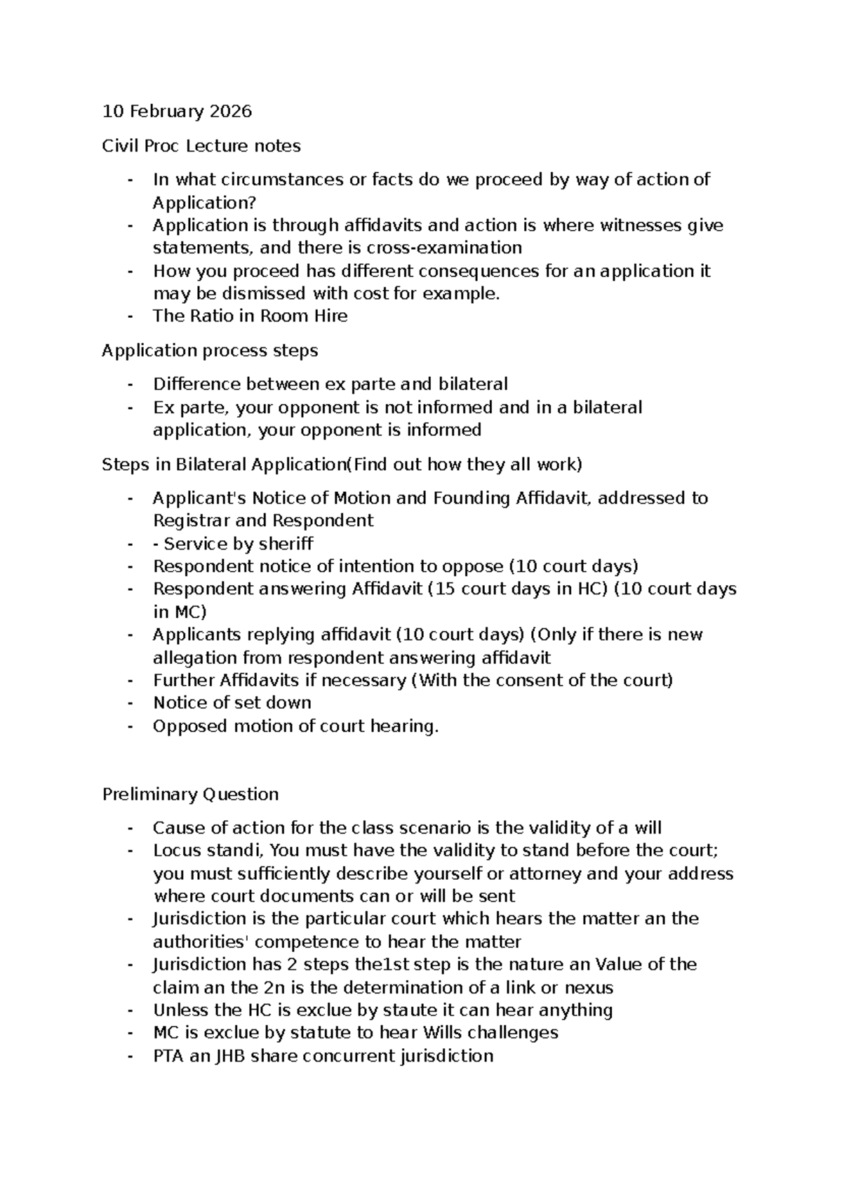Civil Procedure Lecture Notes: Application vs. Action Explained - Studocu