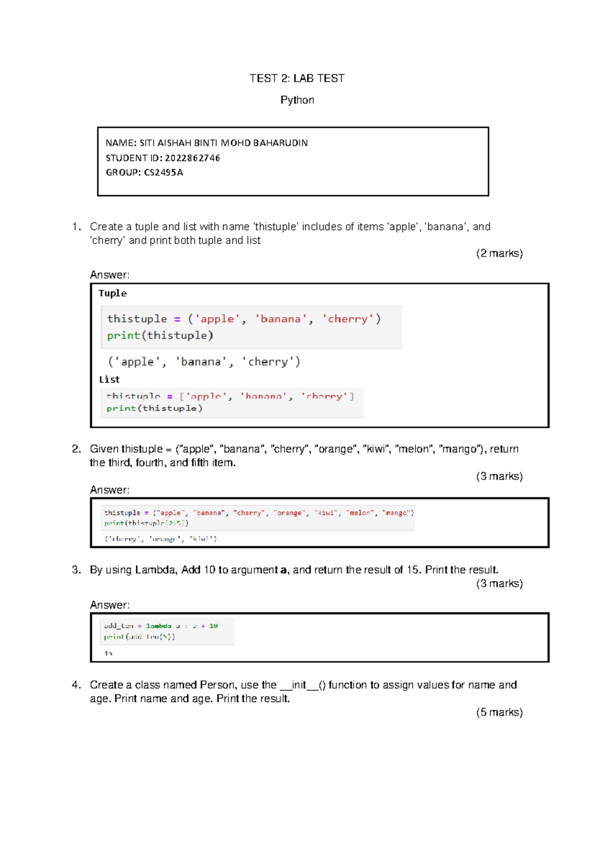 TEST 2: LAB TEST Python - SITI AISHAH BINTI MOHD BAHARUDIN - Studocu